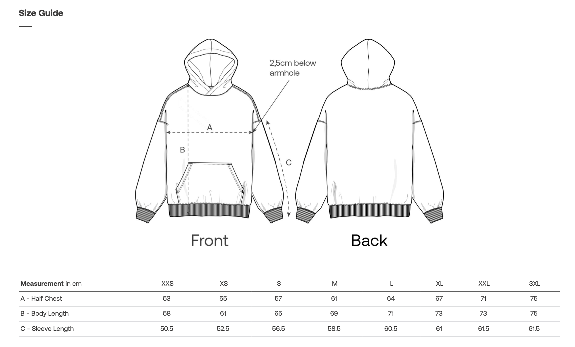 Dydžių lentelė – Džemperis su gobtuvu 