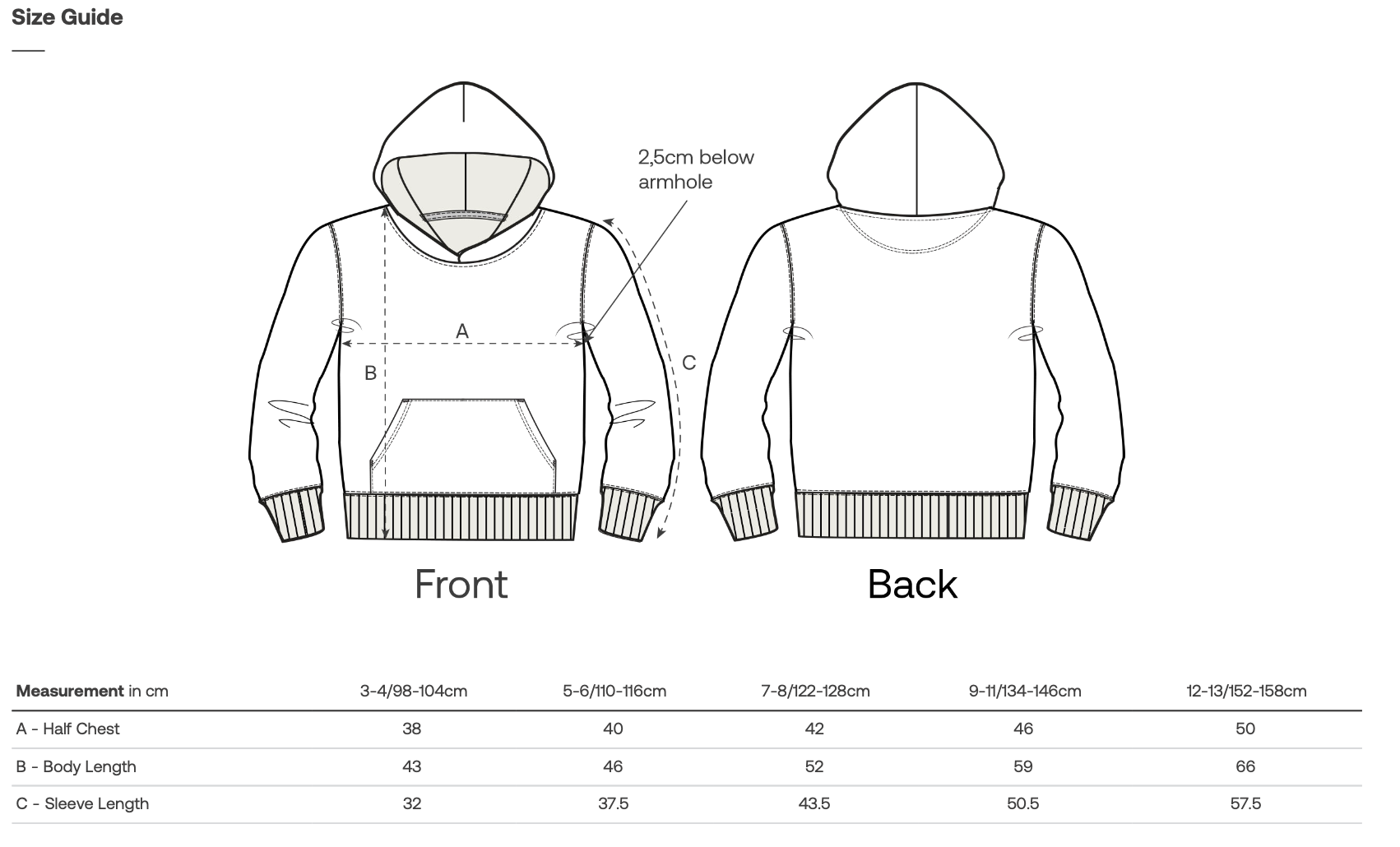 Dydžių lentelė – Blue Kids’ Hoodie “DOT”